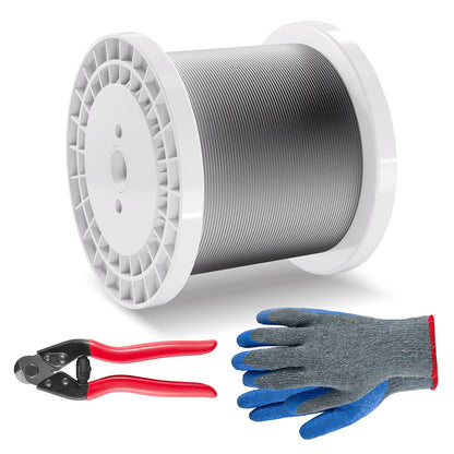 Drahtseil-Set, 1/8" 1000ft 316 Edelstahlseil mit Schneidgerät und Handschuhen, 1600 lbs Bruchfestigkeit, 7x7 Litzenkonstruktion, Marine- und Flugzeugqualität für Handläufe, Treppen, Terrassen, Zäune und Außenbereiche