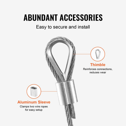Drahtseil-Set, 1/8" 100 ft 316 Edelstahlseil mit 20 Hülsen und 10 Kauschen, 1600 lbs Bruchfestigkeit, 7x7 Litzen in Marine- und Flugzeugqualität für Handläufe, Treppen, Terrassen, Zäune und Außenbereiche