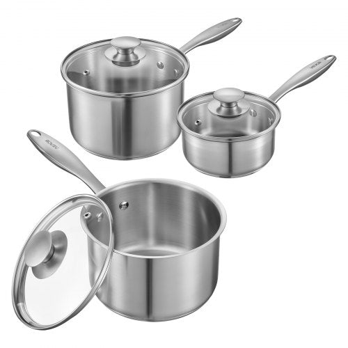 Stainless Steel Saucepan Set, 1 QT & 2 QT & 3 QT Saucepans with Glass Lids, Multipurpose Nonstick Stainless Steel Sauce Pot with Ergonomic Handle, Friendly for Oven, Dishwasher, Induction Cooker