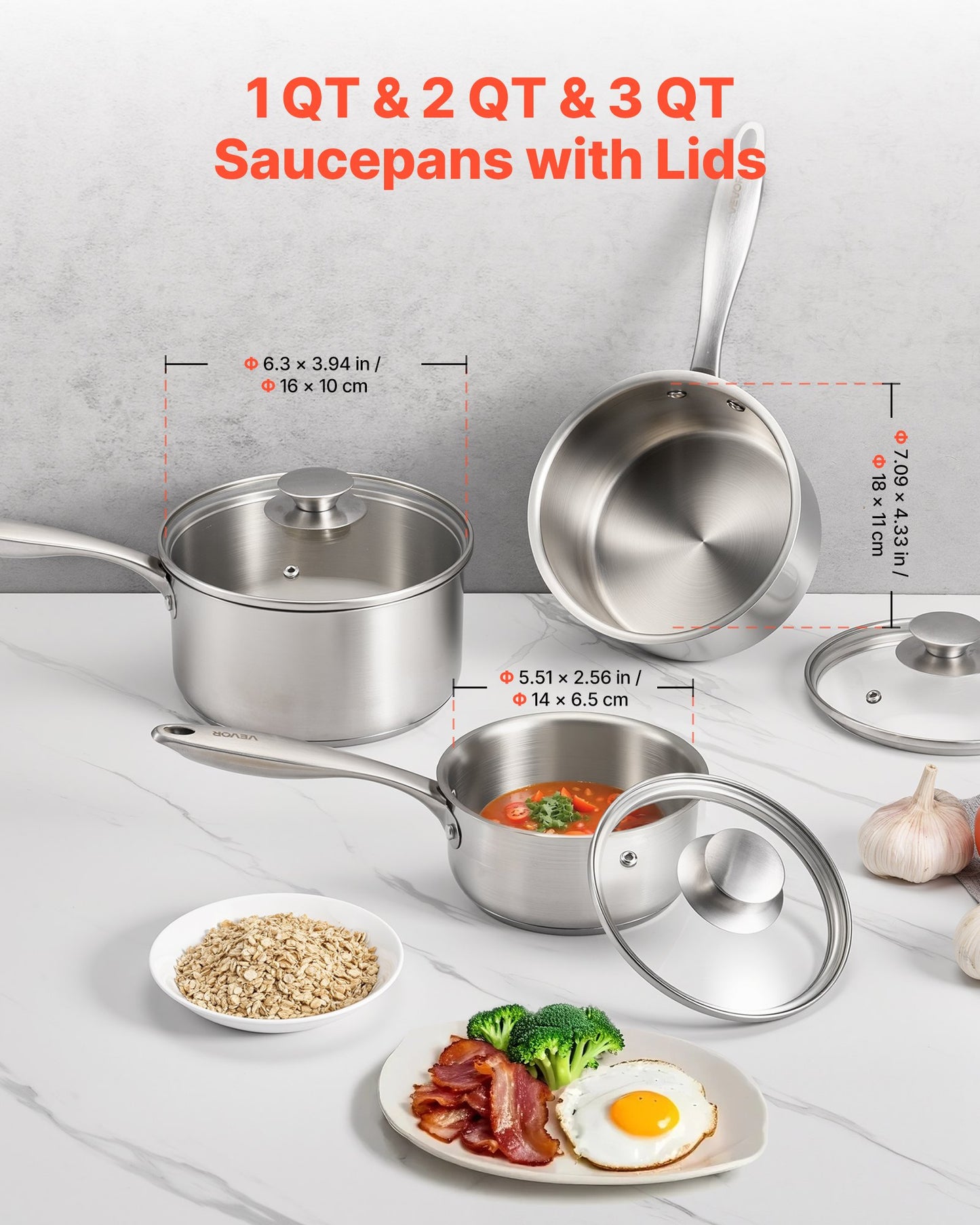 Edelstahl-Topfset, 1-Quart-, 2-Quart- und 3-Quart-Töpfe mit Glasdeckeln, vielseitiger, antihaftbeschichteter Edelstahl-Topf mit ergonomischem Griff, geeignet für Backofen, Spülmaschine und Induktionsherd