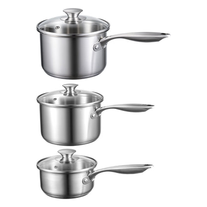 Edelstahl-Topfset, 1-Quart-, 2-Quart- und 3-Quart-Töpfe mit Glasdeckeln, vielseitiger, antihaftbeschichteter Edelstahl-Topf mit ergonomischem Griff, geeignet für Backofen, Spülmaschine und Induktionsherd