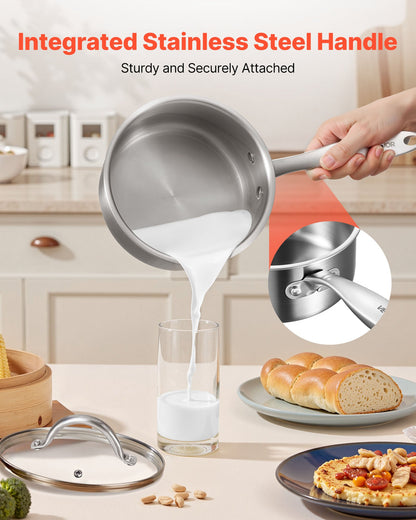 1.5 QT Saucepan, Stainless Steel Saucepan with Glass Lid, Multipurpose Nonstick Stainless Steel Small Cooking Sauce Pot with Ergonomic Handle, Friendly for Oven, Dishwasher, Induction Cooker