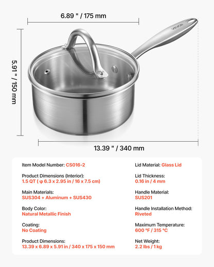 1.5 QT Saucepan, Stainless Steel Saucepan with Glass Lid, Multipurpose Nonstick Stainless Steel Small Cooking Sauce Pot with Ergonomic Handle, Friendly for Oven, Dishwasher, Induction Cooker
