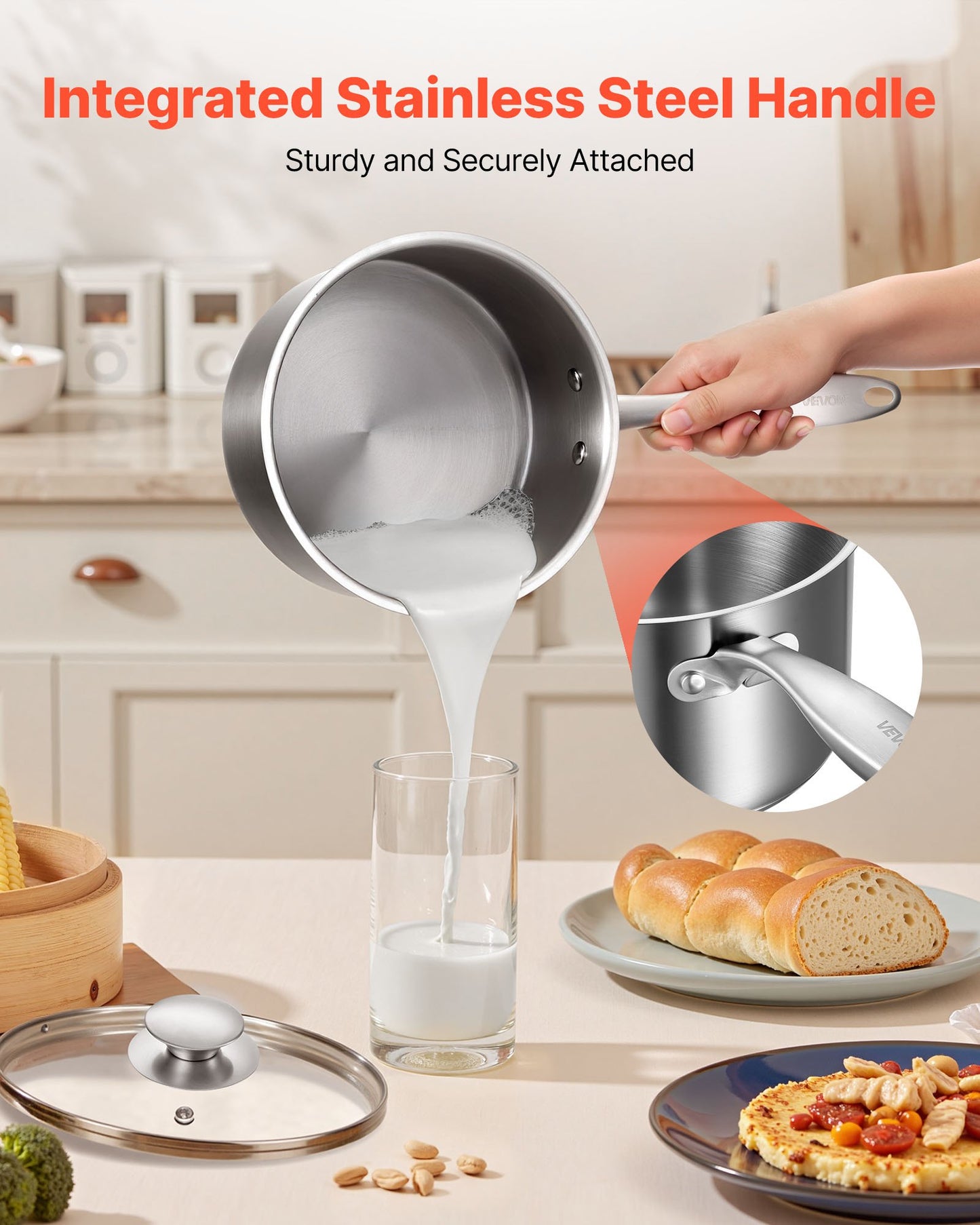 2.5 QT Saucepan with Steamer, Stainless Steel Saucepan with Glass Lid, Multipurpose Nonstick Stainless Steel Sauce Pot with Ergonomic Handle, Friendly for Oven, Dishwasher, Induction Cooker