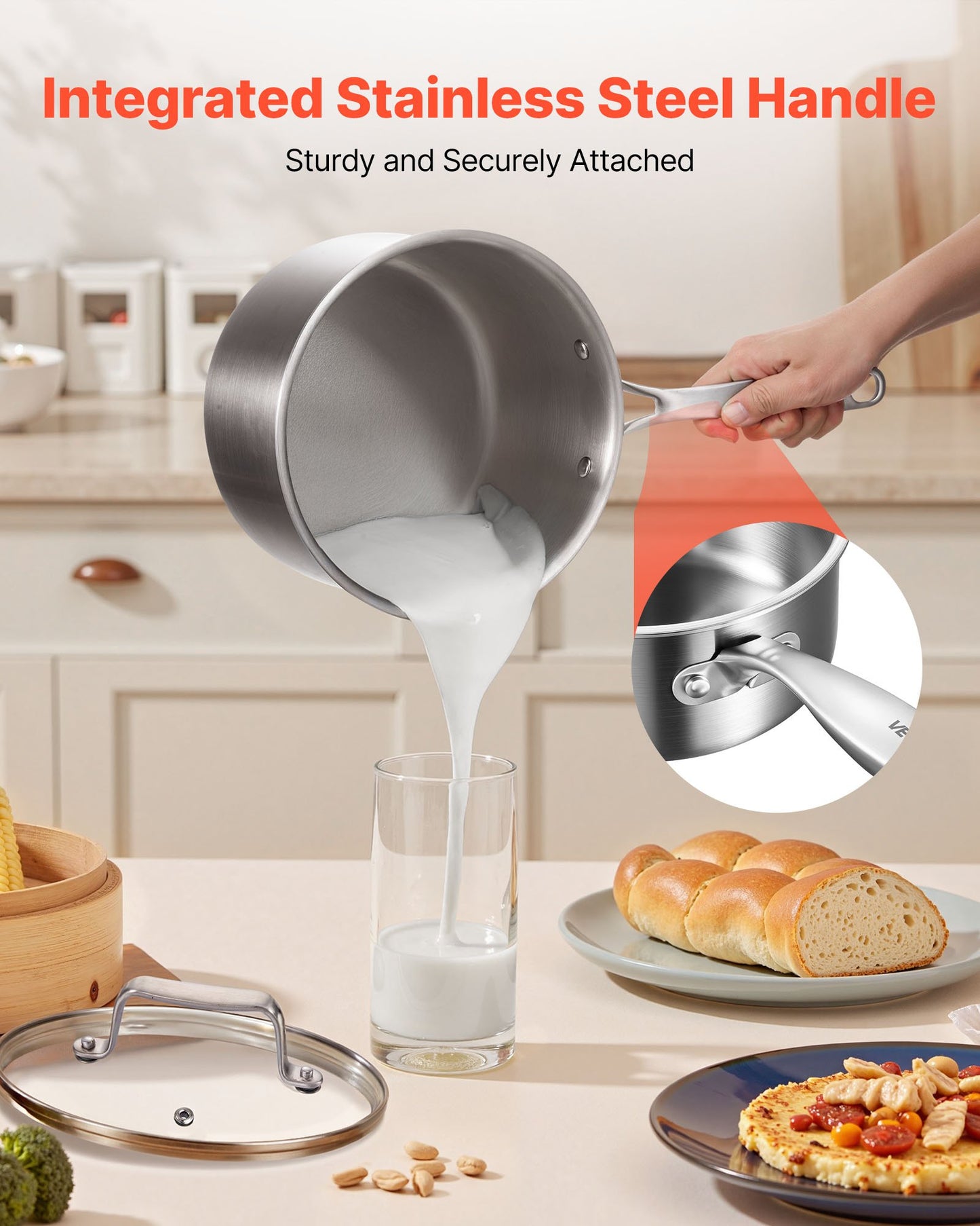 4-Liter-Stielkasserolle, Edelstahl-Stielkasserolle mit Glasdeckel, vielseitiger, antihaftbeschichteter Edelstahl-Kochtopf mit ergonomischem Griff, geeignet für Backofen, Spülmaschine und Induktionsherd