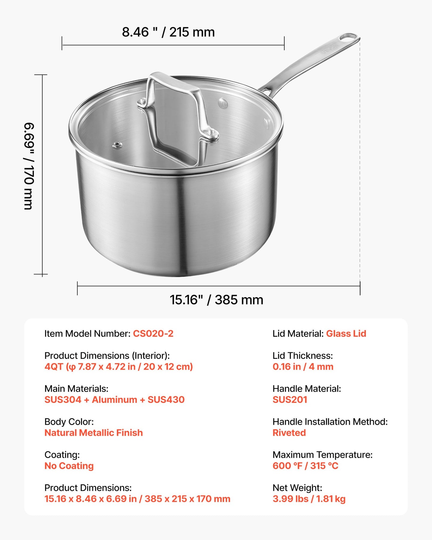 4-Liter-Stielkasserolle, Edelstahl-Stielkasserolle mit Glasdeckel, vielseitiger, antihaftbeschichteter Edelstahl-Kochtopf mit ergonomischem Griff, geeignet für Backofen, Spülmaschine und Induktionsherd