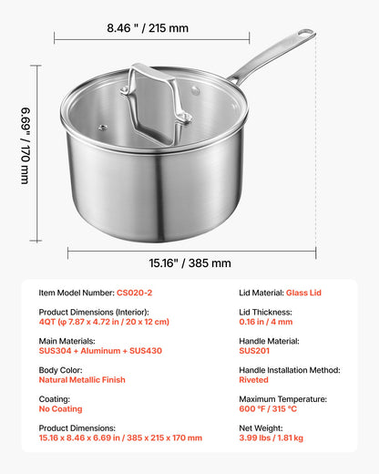 4-Liter-Stielkasserolle, Edelstahl-Stielkasserolle mit Glasdeckel, vielseitiger, antihaftbeschichteter Edelstahl-Kochtopf mit ergonomischem Griff, geeignet für Backofen, Spülmaschine und Induktionsherd