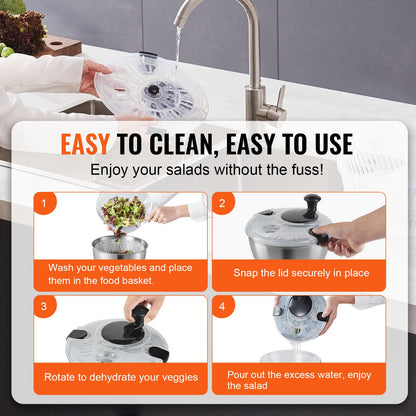 Stainless Steel Salad Spinner, 4.75Qt, One-handed Easy Press Large Vegetable Dryer Washer, Lettuce Cleaner and Dryer with 304 Stainless Steel Bowl, for Greens, Herbs, Berries, Fruits, No BPA