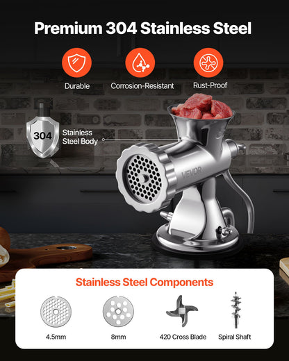 Manual Meat Grinder, 304 Stainless Steel Hand Meat Grinder with Suction Cup + Steel Table Clamp, Meat Mincer Sausage Maker & 2 Cutting Plates, Sausage Tube, Grinding Head for Beef Pepper Cookie