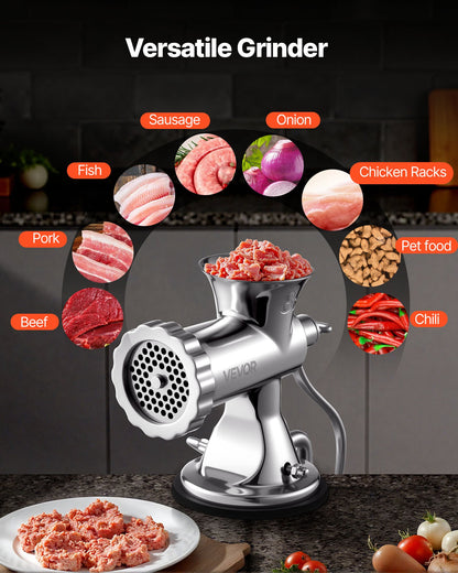 Manual Meat Grinder, 304 Stainless Steel Hand Meat Grinder with Suction Cup + Steel Table Clamp, Meat Mincer Sausage Maker & 2 Cutting Plates, Sausage Tube, Grinding Head for Beef Pepper Cookie