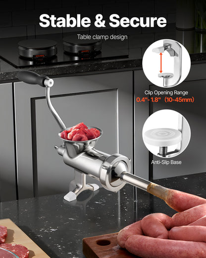 Manual Meat Grinder, 304 Stainless Steel Hand Meat Grinder with Steel Table Clamp, Meat Mincer Sausage Maker & 2 Cutting Plates, Cookie Attachment, Sausage Tube for Beef Pepper Mushroom Cookie