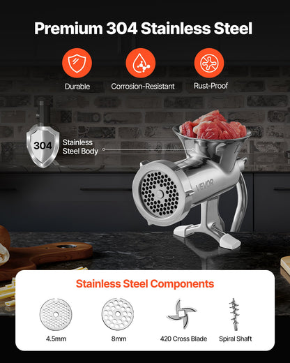 Manual Meat Grinder, 304 Stainless Steel Hand Meat Grinder with Steel Table Clamp, Meat Mincer Sausage Maker & 2 Cutting Plates, Cookie Attachment, Sausage Tube for Beef Pepper Mushroom Cookie