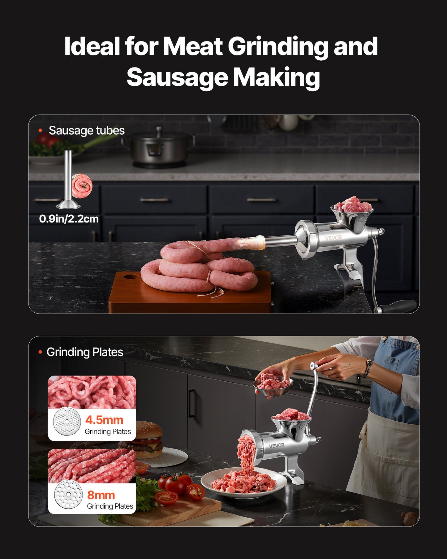 Manual Meat Grinder, 304 Stainless Steel Hand Meat Grinder with Steel Table Clamp, Meat Mincer Sausage Maker & 2 Cutting Plates, Cookie Attachment, Sausage Tube for Beef Pepper Mushroom Cookie