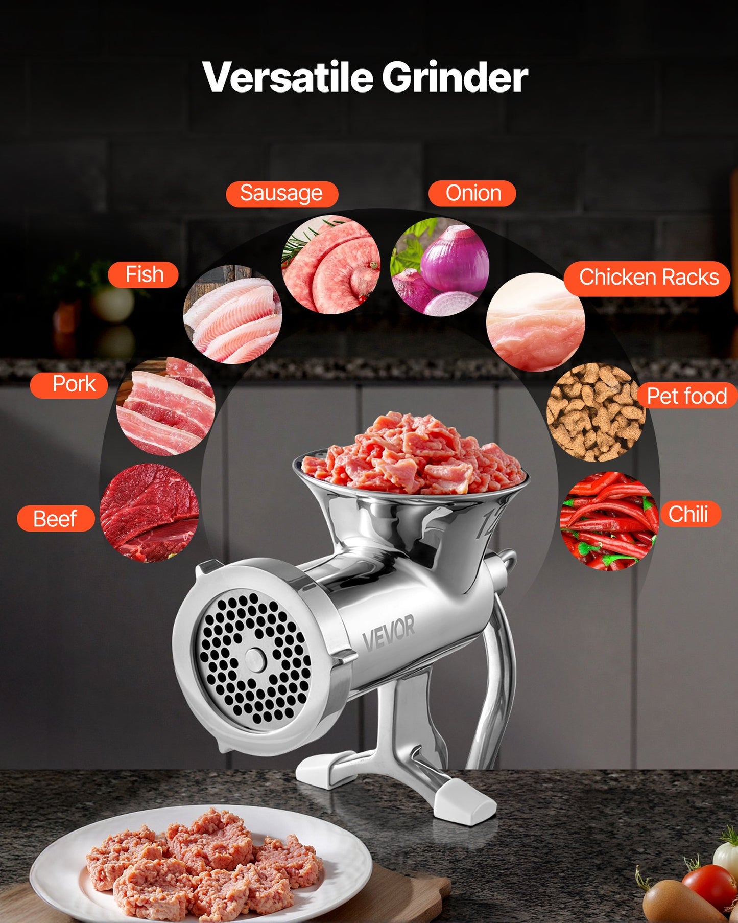Manual Meat Grinder, 304 Stainless Steel Hand Meat Grinder with Steel Table Clamp, Meat Mincer Sausage Maker & 2 Cutting Plates, Cookie Attachment, Sausage Tube for Beef Pepper Mushroom Cookie