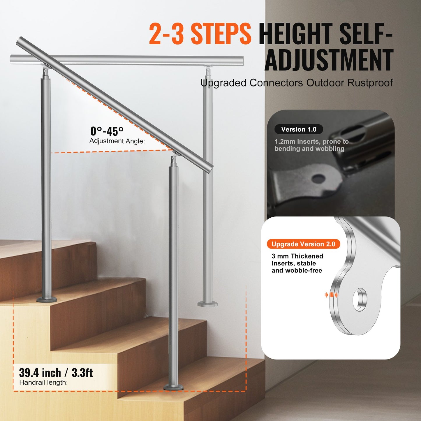 Handrails for Outdoor Steps, 39.4in / 100cm Length Stair Hand Rail Kit, Transitional Stainless Steel Railings with Installation Kit, Double-column Staircase Handrails for Seniors,Porch & Deck
