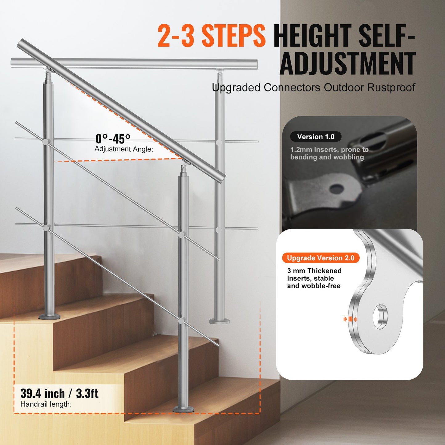 100.1 cm Handrails for Outdoor Steps 2 Crossbars Staircase for Porch Deck