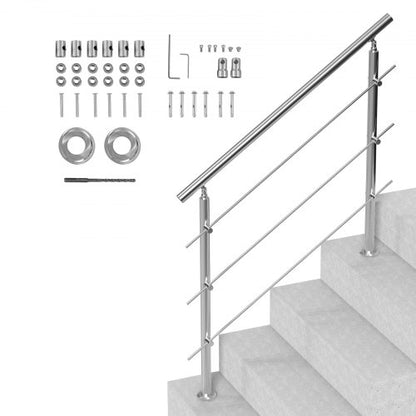 Handrails for Outdoor Steps, 47.2in Length 3 Crossbars Stair Hand Rail Kit, Transitional Stainless Steel Railings w/ Installation Kit, Double-column Staircase Handrails for Seniors,Porch & Deck