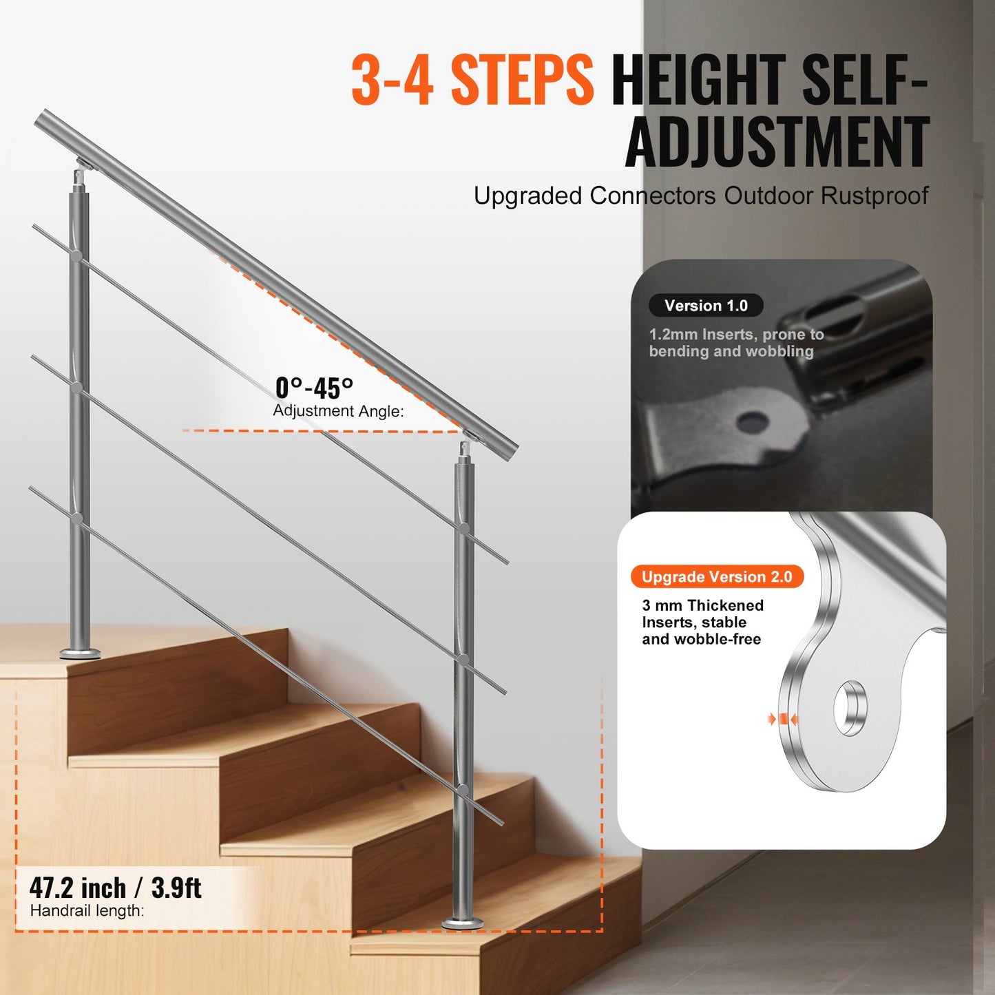 Handrails for Outdoor Steps, 47.2in Length 3 Crossbars Stair Hand Rail Kit, Transitional Stainless Steel Railings w/ Installation Kit, Double-column Staircase Handrails for Seniors,Porch & Deck