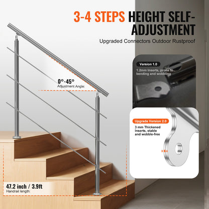 Handrails for Outdoor Steps, 47.2in Length 3 Crossbars Stair Hand Rail Kit, Transitional Stainless Steel Railings w/ Installation Kit, Double-column Staircase Handrails for Seniors,Porch & Deck