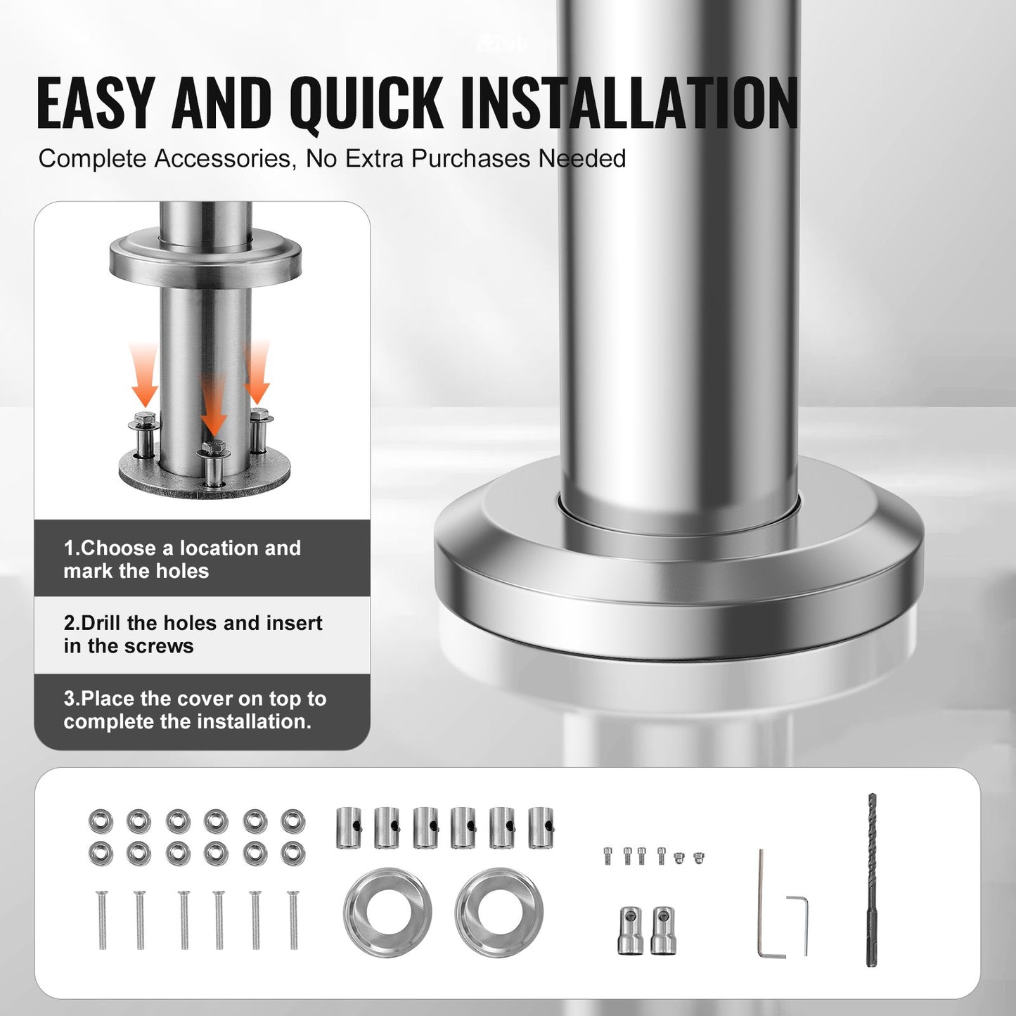 Handrails for Outdoor Steps, 47.2in Length 3 Crossbars Stair Hand Rail Kit, Transitional Stainless Steel Railings w/ Installation Kit, Double-column Staircase Handrails for Seniors,Porch & Deck