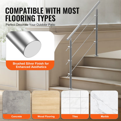 Handrails for Outdoor Steps, 47.2in Length 3 Crossbars Stair Hand Rail Kit, Transitional Stainless Steel Railings w/ Installation Kit, Double-column Staircase Handrails for Seniors,Porch & Deck