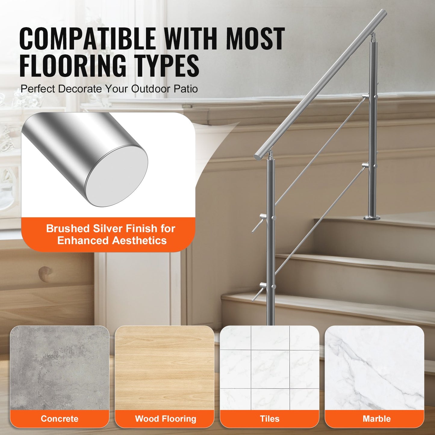 119.9 cm Handrails for Outdoor Steps 2 Crossbars Staircase for Porch Deck