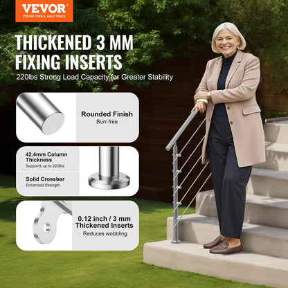 Handrails for Outdoor Steps, 59 in Length 5 Crossbars Stair Hand Rail Kit, Transitional Stainless Steel Railings w/ Installation Kit, Double-column Staircase Handrails for Seniors,Porch & Deck