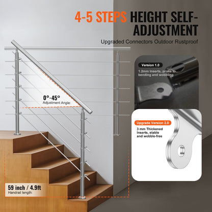 Handrails for Outdoor Steps, 59 in Length 5 Crossbars Stair Hand Rail Kit, Transitional Stainless Steel Railings w/ Installation Kit, Double-column Staircase Handrails for Seniors,Porch & Deck