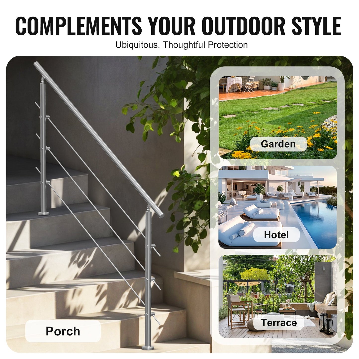 149.9 cm Handrails for Outdoor Steps 3 Crossbars Staircase for Porch Deck