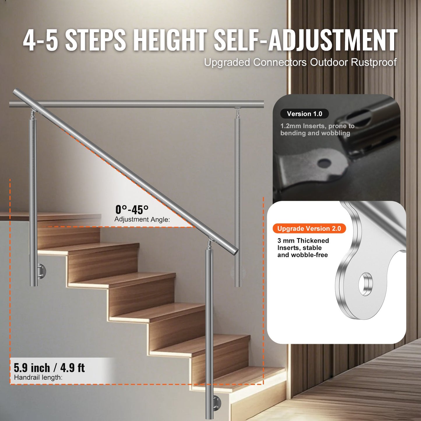 149.9 cm Handrails for Outdoor Steps Staircase for Porch Deck Side-mount