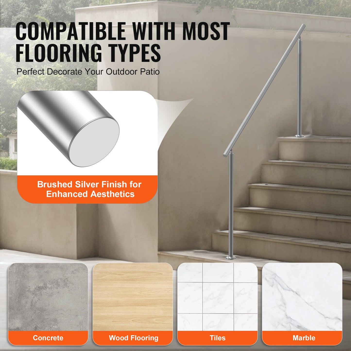 Handrails for Outdoor Steps, 70.9 in/ 180cm Length Stair Hand Rail Kit, Transitional Stainless Steel Railings with Installation Kit, Double-column Staircase Handrails for Seniors,Porch & Deck