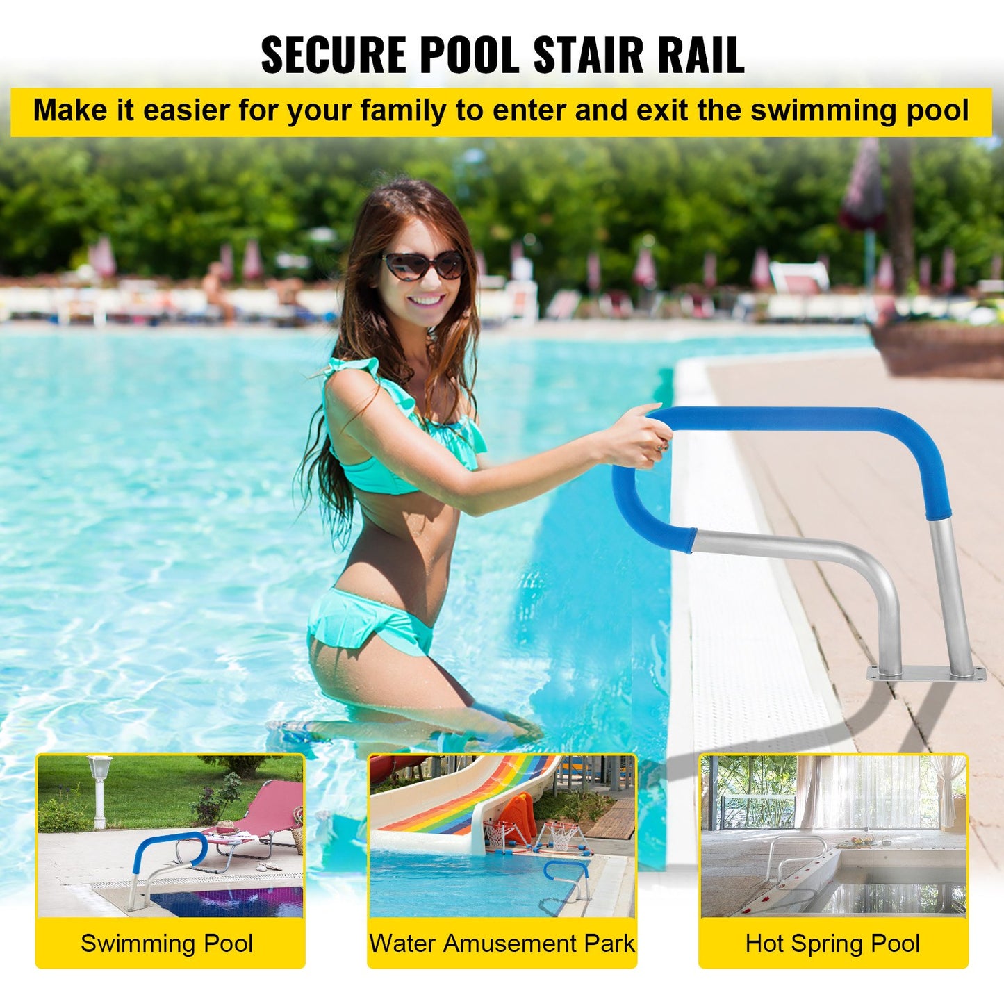 Pool Rail 30x22" Pool Railing 304 Stainless Steel 250LBS Load Capacity Silver Rustproof Pool Handrail Humanized Swimming Pool Handrail with Blue Grip Cover & M8 Drill Bit & Self-taping Screws