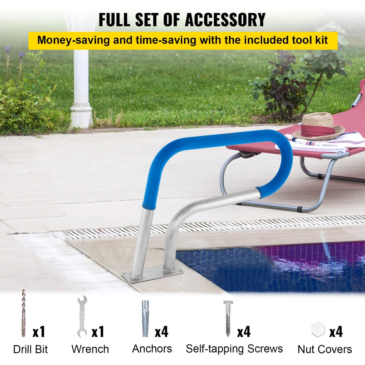 Pool Rail 30x22" Pool Railing 304 Stainless Steel 250LBS Load Capacity Silver Rustproof Pool Handrail Humanized Swimming Pool Handrail with Blue Grip Cover & M8 Drill Bit & Self-taping Screws