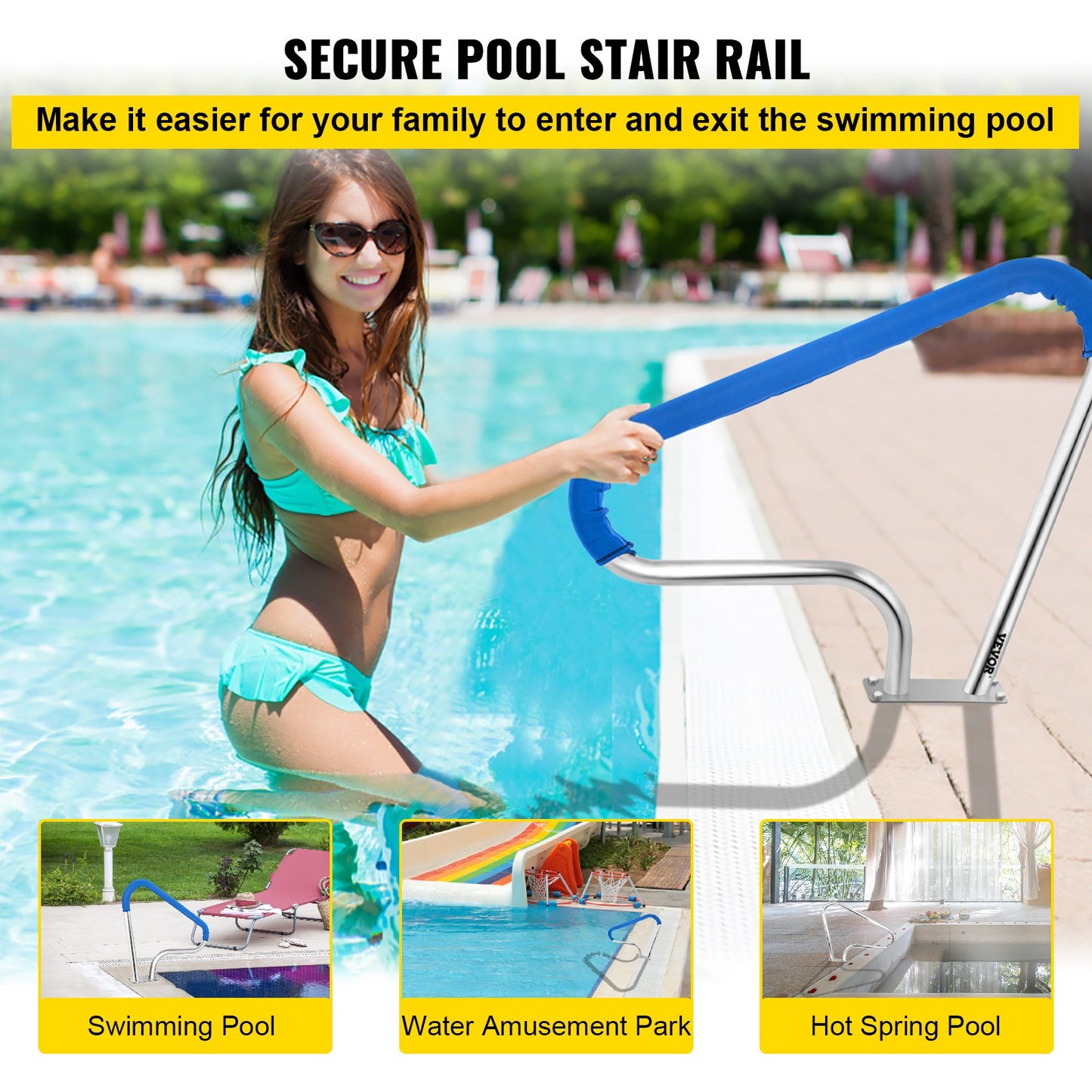 Pool Rail 39x32" Pool Railing 304 Stainless Steel 250LBS Load Capacity Silver Rustproof Pool Handrail Humanized Swimming Pool Handrail with Blue Grip Cover & M8 Drill Bit & Self-taping Screws