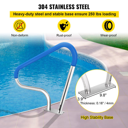 Pool Rail 39x32" Pool Railing 304 Stainless Steel 250LBS Load Capacity Silver Rustproof Pool Handrail Humanized Swimming Pool Handrail with Blue Grip Cover & M8 Drill Bit & Self-taping Screws