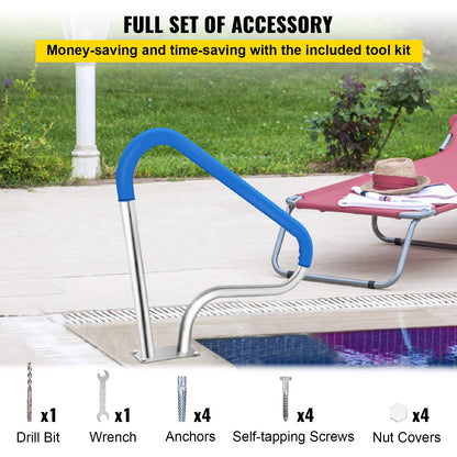 Pool Rail 39x32" Pool Railing 304 Stainless Steel 250LBS Load Capacity Silver Rustproof Pool Handrail Humanized Swimming Pool Handrail with Blue Grip Cover & M8 Drill Bit & Self-taping Screws