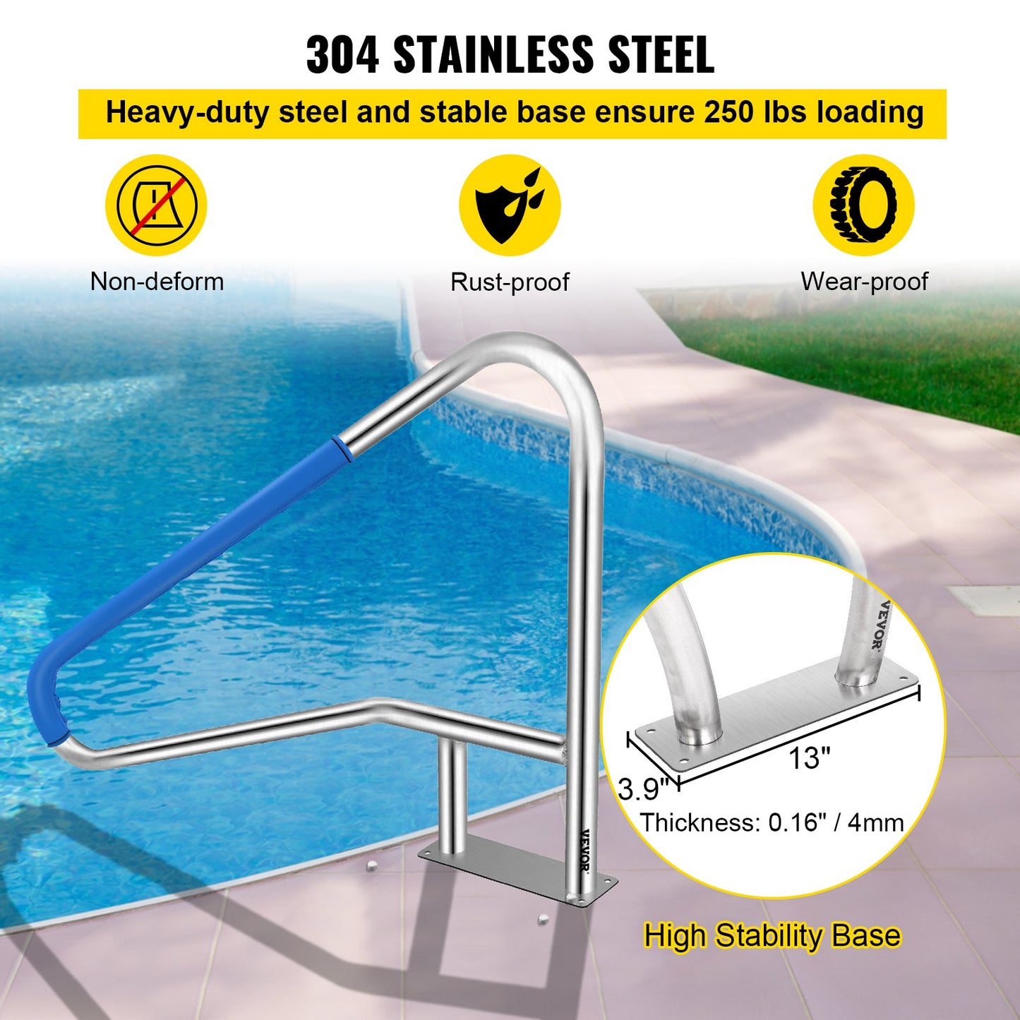 Pool Rail 54x36" Pool Railing 304 Stainless Steel 250LBS Load Capacity Silver Rustproof Pool Handrail Humanized Swimming Pool Handrail with Blue Grip Cover & M8 Drill Bit & Self-taping Screws