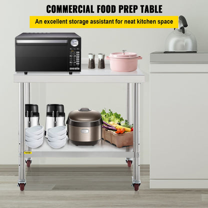 Stainless Steel Prep Table, 30 x 24 x 35 Inch, 440lbs Load Capacity Heavy Duty Metal Worktable with Backsplash Adjustable Undershelf & 4 Casters, Commercial Workstation for Kitchen Restaurant
