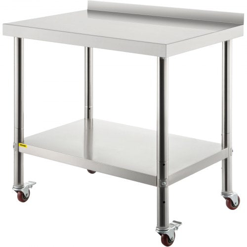 Stainless Steel Prep Table, 36 x 24 x 35 Inch, 440lbs Load Capacity Heavy Duty Metal Worktable with Backsplash Adjustable Undershelf & 4 Casters, Commercial Workstation for Kitchen Restaurant