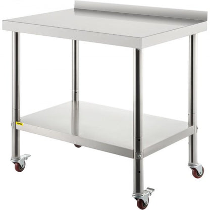 Stainless Steel Prep Table, 36 x 24 x 35 Inch, 440lbs Load Capacity Heavy Duty Metal Worktable with Backsplash Adjustable Undershelf & 4 Casters, Commercial Workstation for Kitchen Restaurant