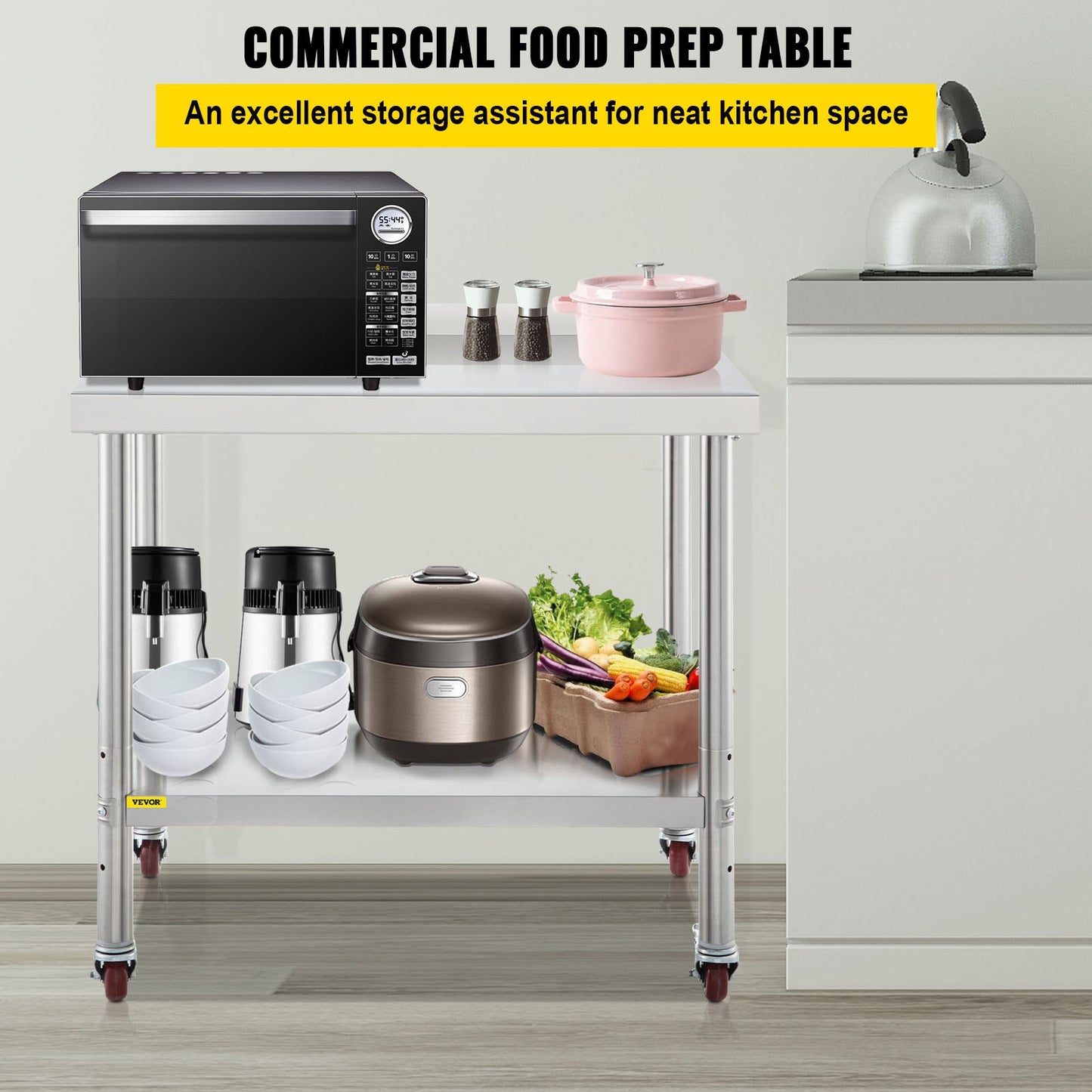 Stainless Steel Prep Table, 36 x 24 x 35 Inch, 440lbs Load Capacity Heavy Duty Metal Worktable with Backsplash Adjustable Undershelf & 4 Casters, Commercial Workstation for Kitchen Restaurant