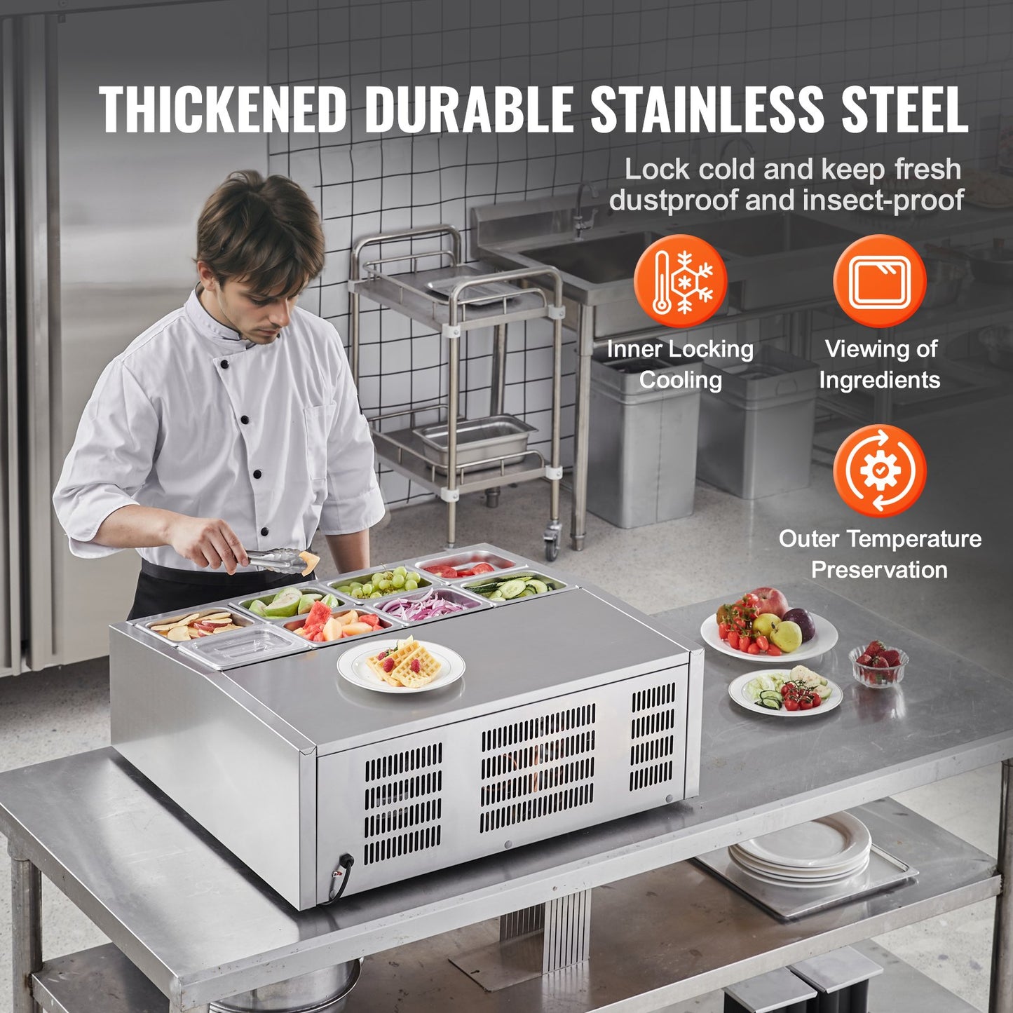 Refrigerated Condiment Prep Station, 145 W Countertop Refrigerated Condiment Station, with 8 1/6 Pans, 304 Stainless Body and PC Lid, Sandwich Prep Table with Stainless Steel Guard, CE