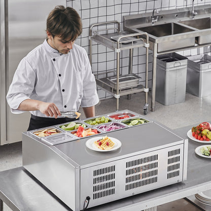 Refrigerated Condiment Prep Station, 145 W Countertop Refrigerated Condiment Station, with 8 1/6 Pans, 304 Stainless Body and PC Lid, Sandwich Prep Table with Stainless Steel Guard, CE