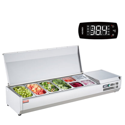 Refrigerated Condiment Prep Station, 155 W Countertop Refrigerated Condiment Station, with 4 1/3 Pans & 4 1/6 Pans, 304 Stainless Body and PC Lid, Sandwich Prep Table with Stainless Guard, CE