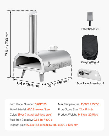 Pizza Oven Outdoor, 12" Pellet Pizza Oven, Portable Pizza-Stove with Built-in Thermometer, Wood Fired Stainless Steel Pizza-Maker, for Backyard, Camping, Pizza-Stone, Shovel, Carry Bag, Silver