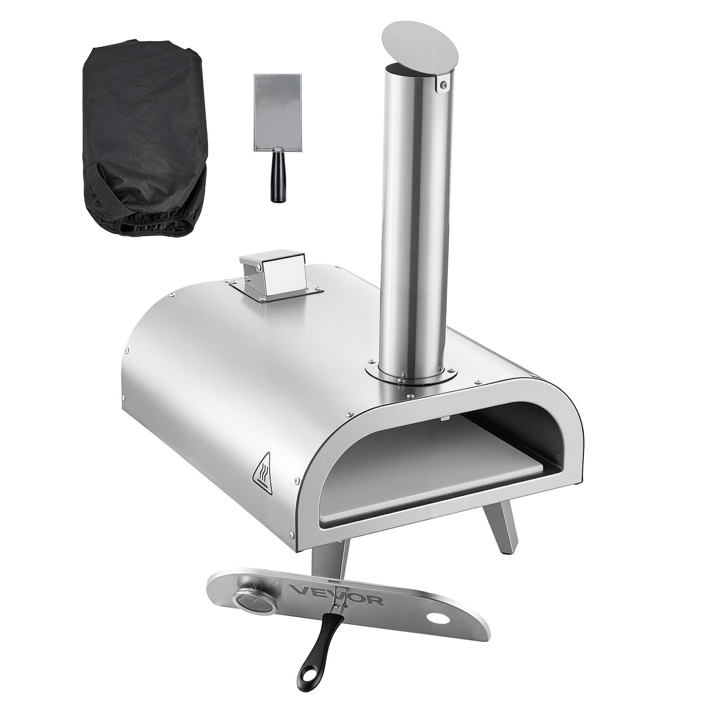 Pizza Oven Outdoor, 12" Pellet Pizza Oven, Portable Pizza-Stove with Built-in Thermometer, Wood Fired Stainless Steel Pizza-Maker, for Backyard, Camping, Pizza-Stone, Shovel, Carry Bag, Silver