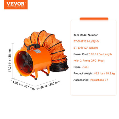 Portable Ventilator, 304.8mm Heavy Duty Cylinder Fan with 10m Duct Hose, 367W Strong Shop Exhaust Blower 2574CFM, Industrial Utility Blower for Sucking Dust, Smoke, Smoke Home/Workplace