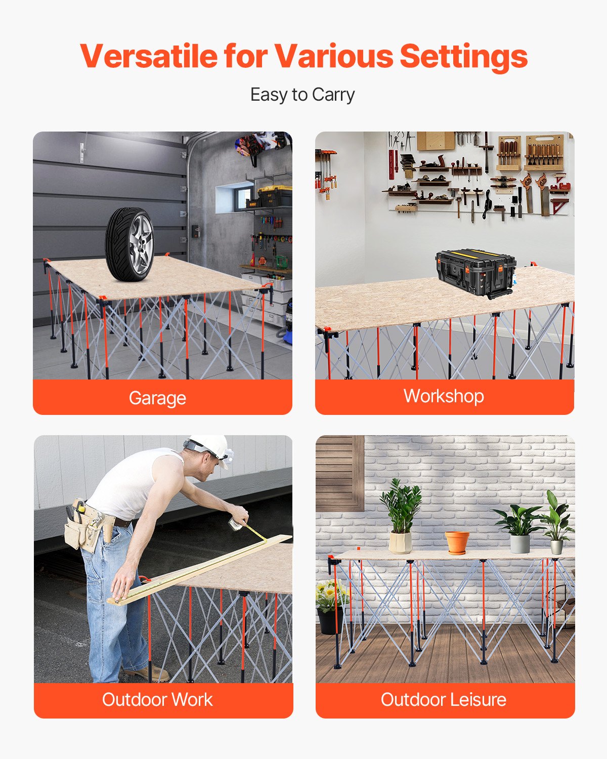 Portable Folding Workstand, 2455 x 1260 mm Collapsible Workbench, 2724 kg Weight Capacity, No Assembly Foldable Work Stand with Storage Bag, Table Top NOT Included, for Garage Workshop Outdoor