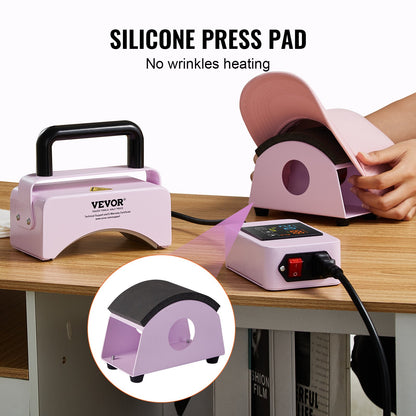 Hat Press Machine, Mini Hat Heat Press for Caps with Integrated Control Panel, Cap Heat Press Machine with 5.9x3.15 inch Curved Heating Plate, Safety Base, and Glove, Automatic Shut-Off, Purple