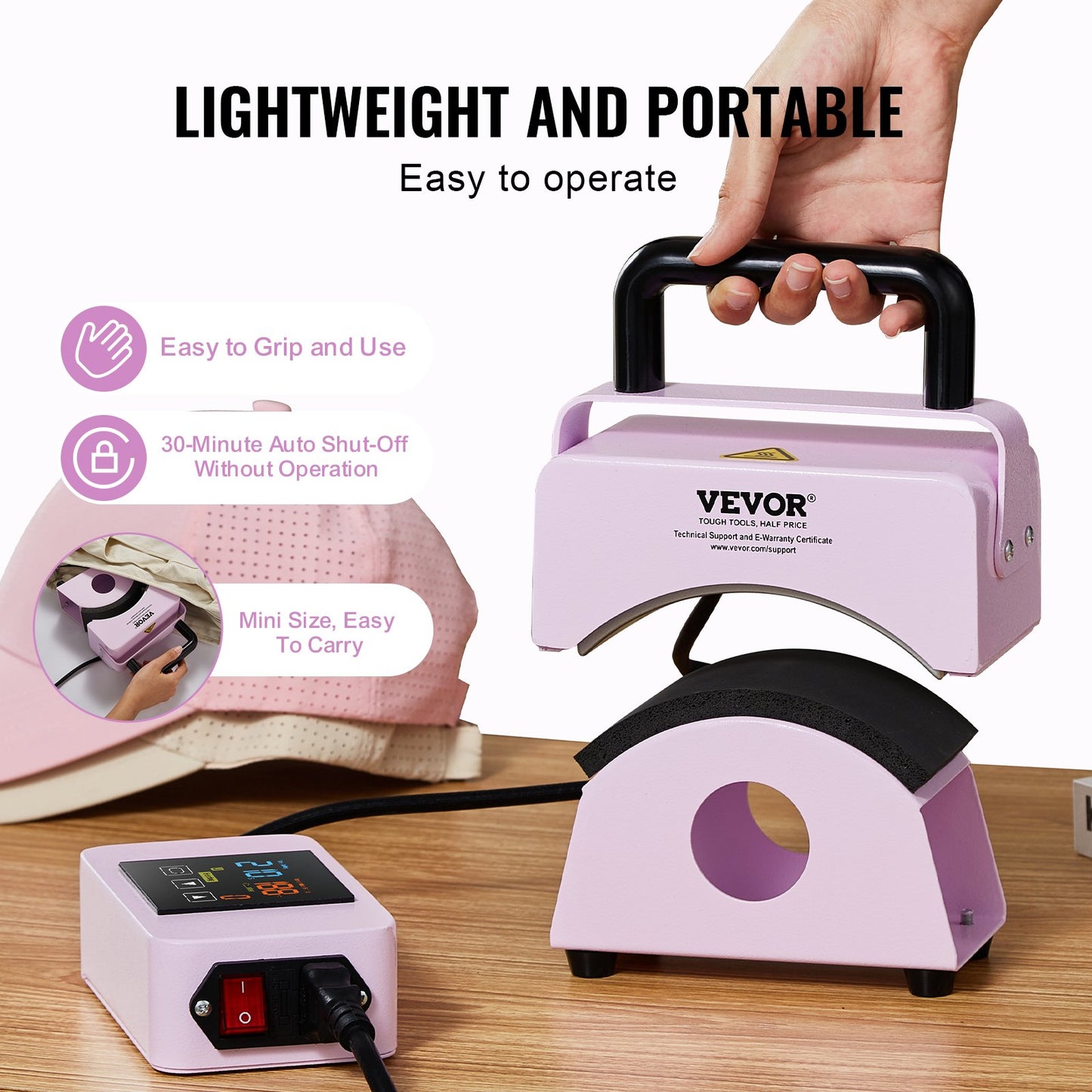 Hat Press Machine, Mini Hat Heat Press for Caps with Integrated Control Panel, Cap Heat Press Machine with 5.9x3.15 inch Curved Heating Plate, Safety Base, and Glove, Automatic Shut-Off, Purple